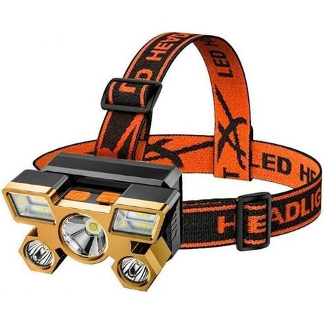 Lampada frontale ricaricabile tramite USB - 5 lampadine a LED - 300 lumen - Distanza del fascio luminoso di 1000 m - Batteria da 800 mAh - Grado di impermeabilità IPX4 (1/4)