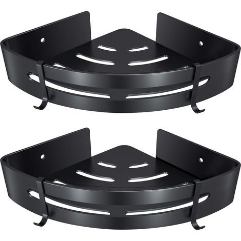 FENOPLASTICAÉtagère d'angle pour salle de bain, étagère de douche sans perçage, panier de rangement adhésif en aluminium pour shampoing, savon, serviette, avec crochets (triangle, noir, 2 pièces) (1/5)