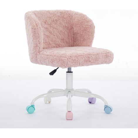 Chaise de bureau fille en fausse fourrure crème, fauteuil pivotant réglable avec roulettes silencieuses, chambre/bureau -Rose