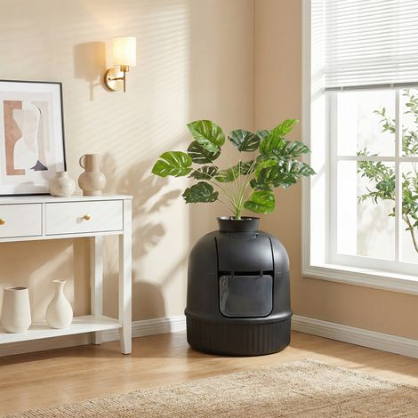 Meuble pour Litière de Chat avec Plante Artificielle, Filtre à Charbon, Galets Décoratifs, Pelle et Brosse, Noir
