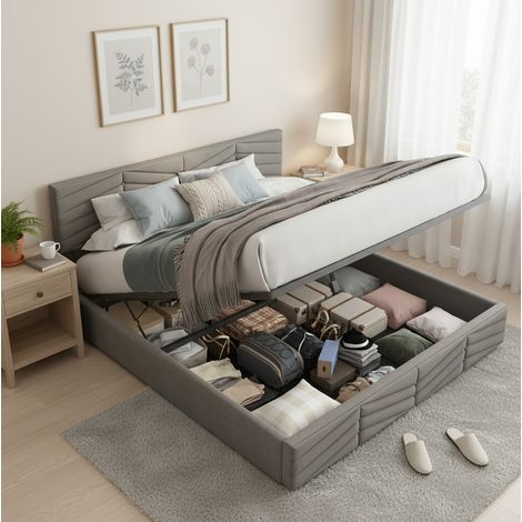 Cama doble 140x200 cm de terciopelo gris con almacenaje, ahorra espacio, sin colchón – MEUBLIV (1/5)
