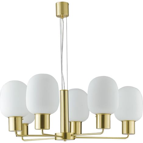 "Lampadario a sospensione FELLINI in metallo oro con sei diffusori in vetro" (1/3)