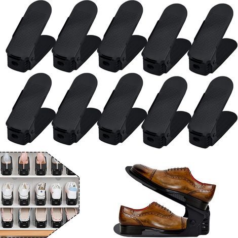 Set of 10 Adjustable Shoe Organizers - Black - Space-Saving Shoe Racks - 3 Adjustable Levels - Non-Slip Shoe Organizer (1/5)