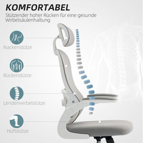 Silla de oficina ergonómica con respaldo de malla, reposacabezas y reposabrazos plegables, gris (1/5)