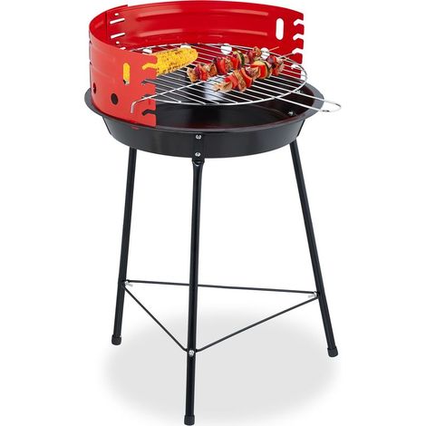 Barbecue charbon de bois tripode, 42 cm, Grill rond sur 3 pieds, Protection contre le vent, noir/rouge (1/5)