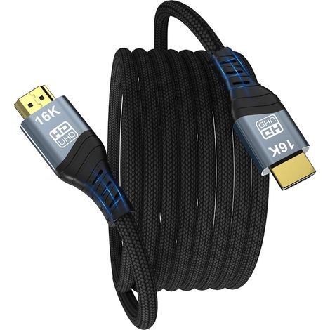 Câble HDMI 16K, Câble HDMI Ultra Haute Vitesse 96Gbps HDMI2.2 16K@30Hz 10K120Hz 8K@60Hz 4K@240Hz, HDCP 2.3 HDR10 eARC Compatible avec PS5/Xbox/Roku TV/PC Gaming/Blu-ray (HDMI2.2 16K 5M) (1/5)
