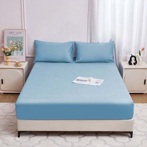 Drap Housse,Alèse de matelas imperméable 100x200x30cm, sur-matelas respirant,Bleu Clair (1/4)