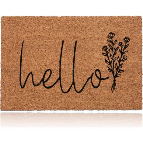 Relaxdays Felpudo Coco, Mensaje Hello, 60x40 cm, Ramo Flores, Interior y Exterior, Tapete Antideslizante, Natural/Negro (1/5)