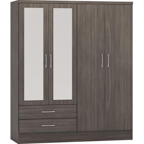 Nevada 4 Door 2 Drawer Mirrored Wardrobe in Black Wood Grain Effect Finish (1/5)