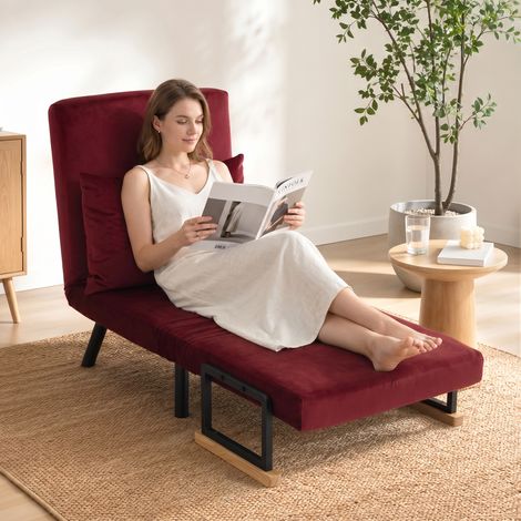 Fauteuil lit matelassé 3-en-1 avec dossier inclinable en 5 positions et oreiller, 63x73x81 cm, Rouge vin (1/5)