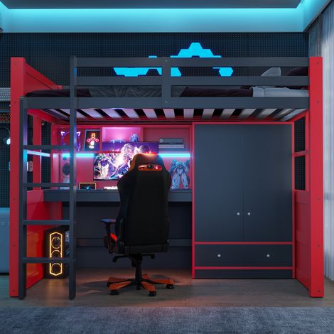 Lit superposé 90x200 cm avec échelle, rangement et bureau, armoire intégrée et tiroirs, lit enfant/adolescent style gaming, rouge et noir (1/5)