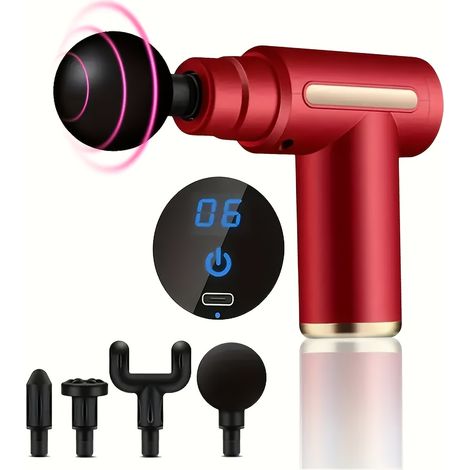 Pistolet de massage portatif avec commande tactile LED, 4 têtes interchangeables rouges-AquaForge