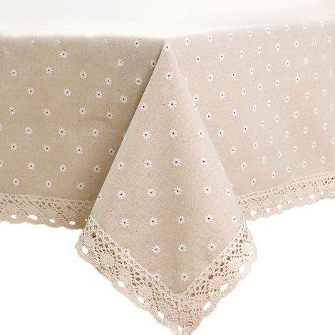 Nappe à motif marguerites, best-seller en lin et coton avec bordure en dentelle, nappe rectangulaire pour la maison et l'hôtel, textile blanc