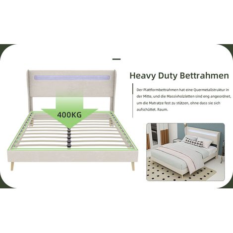Lit rembourré moderne et minimaliste avec tête de lit douce rétroéclairée par LED, 140x200 cm, beige, meuble de chambre multifonction, base basse sans rangement (sans vérin à gaz), matelas non inclus. (1/5)