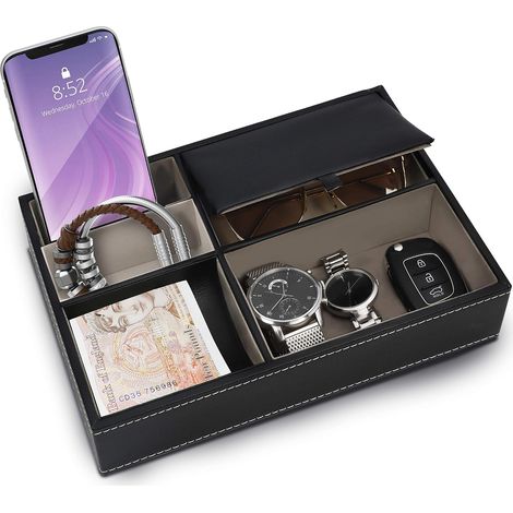 Plateau de rangement de chevet en simili cuir à 5 compartiments – Boîte de rangement de bureau pour salon professionnel, téléphone, clés, bijoux, accessoires, argent, bracelets – Attrape-pieds à côté 