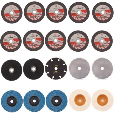 BUNTHAUS Lot de 15 disques à tronçonner 76 mm, 3 disques à lamelles de 76 mm, disques à tronçonner 76 x 10 mm, 2 disques de polissage en feutre de 75 x 10 mm, pour mini meuleuse d'angle, coupe, poliss
