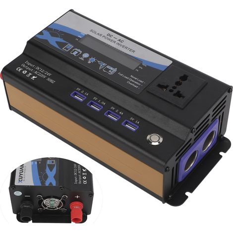 Kfz-Konverter, schwarz, Nennleistung 700W, Dualspannung 12/24V auf AC220V 50Hz, Universalsteckdose mit Umgebungslicht, 4 USB-Anschlüsse. (1/5)