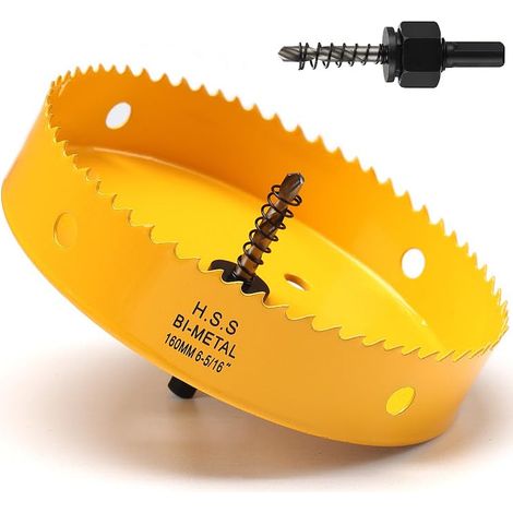 Scie cloche, 160mm, Scie Trépan avec adaptateur hexagonal et embout central, Bi-métal HSS M42, pour bois, plastique, aluminium, plaques de plâtre, Jaune (1/5)