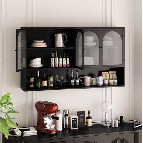 Armadio a muro vetrato 4 ante 120 cm con 2 livelli di archiviazione, ripiani aperti, per cucina, soggiorno, bagno, nero (1/5)