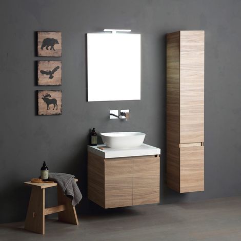 Mueble De Baño 60Cm Roble Natural Con Lavabo Redondo Y Columna  Valentina