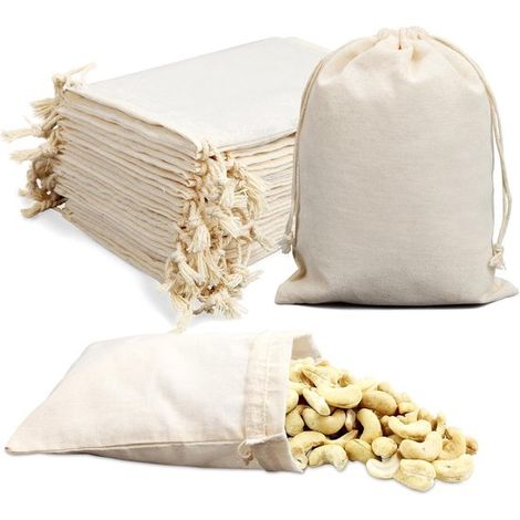 Bolsas de regalo reutilizables de algodón con cordón, de tela beige, ideales para fiestas, bodas, manualidades y Halloween (15 unidades, 15 x 20 cm).