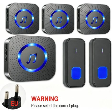 Kit Sonnette de Porte Sans Fil - 2 Boutons Étanche et 4 Carillons Prise UE - Portée 300m pour Maison - Noir (1/5)