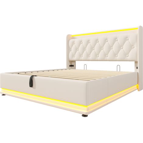 Lit coffre double 140 x 200 cm en PU blanc avec LED 360°, tête de lit capitonnée, port USB et USB-C (1/5)