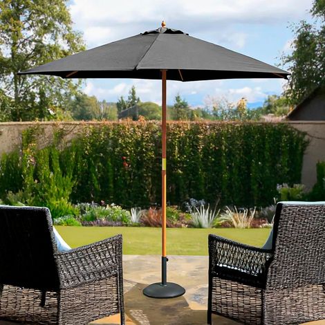 Black Garden Parasol Wooden Patio Umbrella with Pulley System Polyester Canopy Vented Table Sun Shade Outdoor