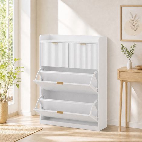 Meuble à chaussures blanc 80x24x110 cm, armoire de rangement entrée avec 2 portes abattantes, tiroirs, étagères amovibles, design moderne strié