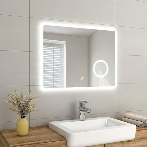 EMKE Backlit Illuminated Bathroom Mirror with Shaver Socket Wall Mounted Multifunction LED Bathroom Vanity Mirror with Touch Switch, Demister Pad and 3x Magnifier, 800x600 mm, [Horizontal]