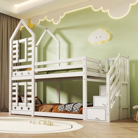 Lits Superposés 90x200 - Design Cabane avec Étoiles et Lune - lit Superposé Enfant - Escalier de Rangement et 2 Tiroirs - Blanc