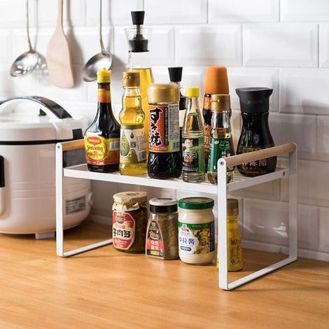 Étagère de cuisine, étagère à épices, en fer et poignée en bois, convient pour le rangement de la maison et de la cuisine, blanc (35 x 21 x 20) (1/4)