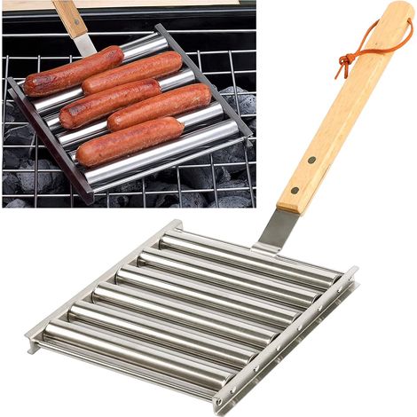 Grille pour hot-dogs et saucisses (avec manche en bois extra-long) — Conçue pour barbecues assure une cuisson uniforme capacité de 5 saucisses argenté (1/5)