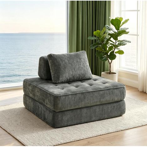 Sofá cama individual 2 en 1, chenilla, gris, con cojín HAVRYA (1/5)