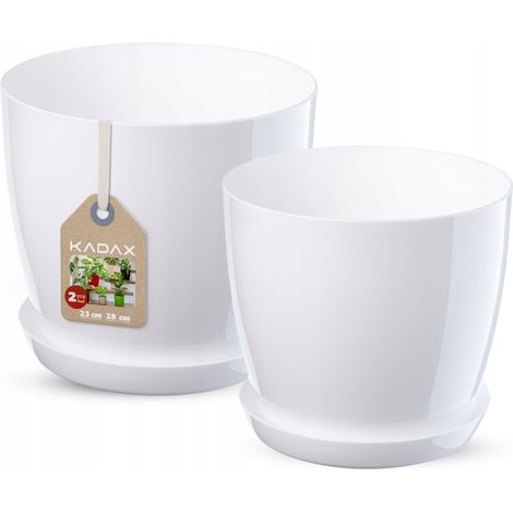 KADAX Blumentopf Set mit Untersetzer, aus Kunststoff, 23 cm + 28 cm, Weiß