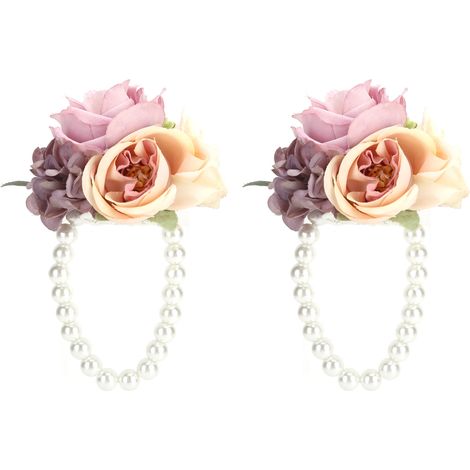 2Pcs/Bag Bridesmaid Wrist Flower Artificial Hand Flower for Wedding Anniversary Cocktail PartyPurple