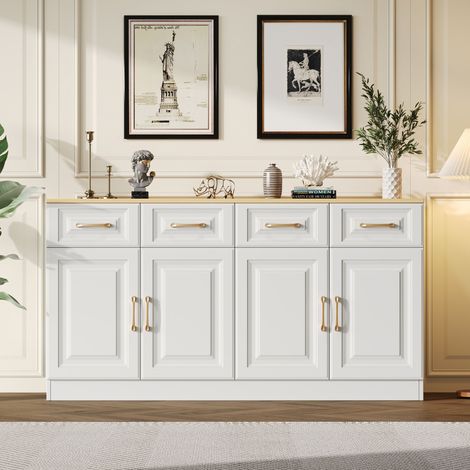 Wohnzimmer-Sideboard 140x40x75 cm mit 4 Schubladen und 4 Türen, modernes Aufbewahrungsmöbel im Landhausstil, weißes Holz, für das Esszimmer
