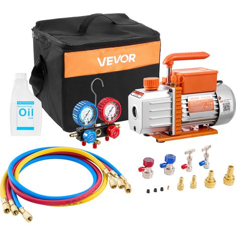 VEVOR Set Pompa per Vuoto e Manometro AC 4,5 CFM 127 L/min, Pompa per Vuoto HVAC a Palette Rotanti Monostadio, Kit Manometro per R134a R22 R410a R1234YF R32, con per HVAC per Auto
