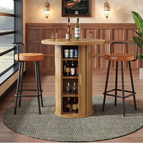 Tavolo alto rotondo con vano contenitore, 60 x 60 x 91,6 cm, MDF e metallo, effetto legno HAVRYA (1/5)