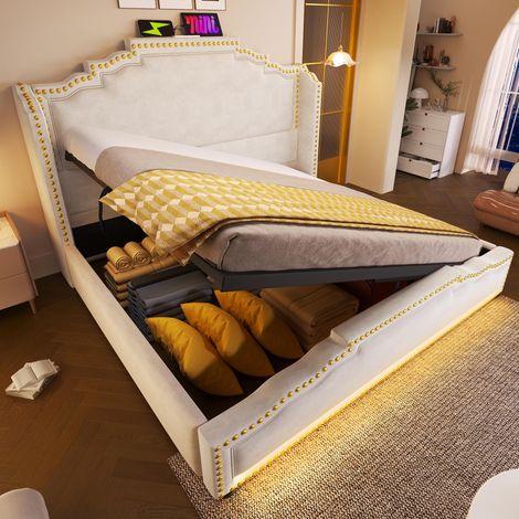 Lit rembourré 140x200, lit double avec rangement hydraulique, éclairage LED et port de chargement USB-C, lit coffre et lit enfant avec sommier à lattes, velours, beige, sans matelas (1/5)