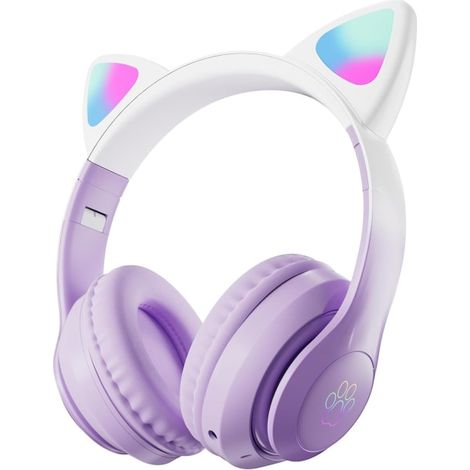 Casque audio violet pour enfants, casque Bluetooth sans fil pour enfants, adolescents et adultes, casque supra-auriculaire Bluetooth avec microphone, casque à oreilles de chat pour filles (1/5)