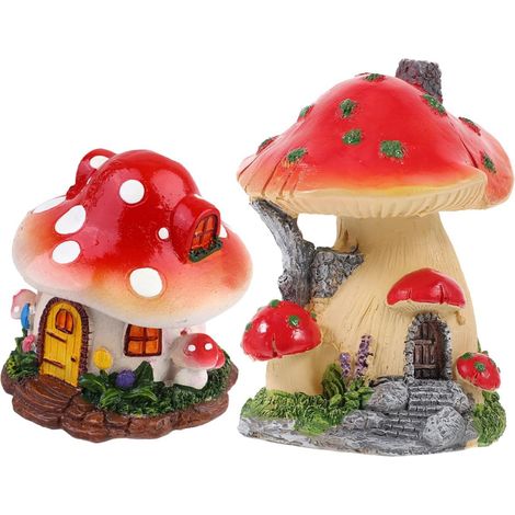 2 Stück Smaller Pilzhaus Gartendeko aus Kunstharz Rote