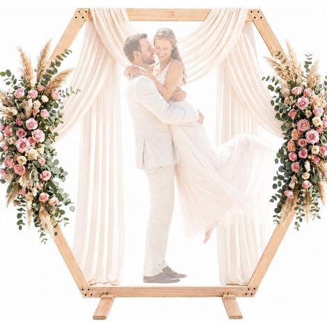 HAUTOUR Arche de mariage hexagonale en bois - 2,15 x 1,85 m - Support de fond hexagonal en bois naturel - Arche en bois pour mariage, fond photo, ballons de fleurs, décoration d'anniversaire, fête pré (1/5)