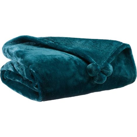 Plaid Doux Bleu Paon à Pompons Imitation Fourrure, Couverture 130 x 170 cm, Polyester 350g/m² - PANGIVO (1/3)