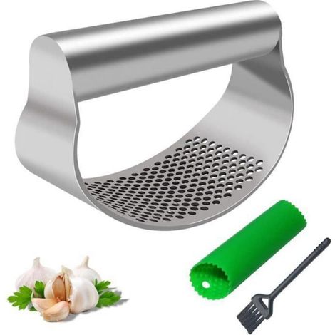 Broyeur ail acier inoxydable qualité alimentaire, hachoir presse-ail, avec rouleau silicone et brosse (1/4)