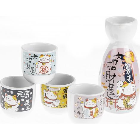 lachineuse - Servizio di Saké Gatto Maneki Neko - con 4 ciotole e caraffa - Bicchieri da sake giapponesi - Regalo da tavola asiatico - Servizio sake tradizionale porcellana Giappone - Gatto giapponese (1/4)