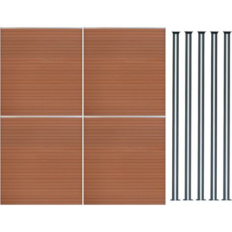 Kit Clôture 4 Panneaux Composite Plastique Marron 9 Lames à Emboîter 185 cm H x 699 cm L & 5 Poteaux en Aluminium à LED Solaires Texture de Bois Reversible Brise-Vue Extérieur Jardin Mur d'Intimité