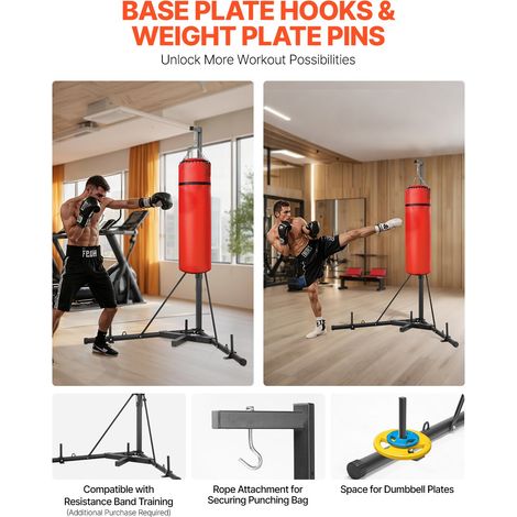 Support de sac de frappe, charge 65 kg, station de boxe en acier robuste, support de sac de sable sur pied à hauteur réglable avec base lestée, pour fitness gym domicile, 118 x 118 x 232 cm (1/5)