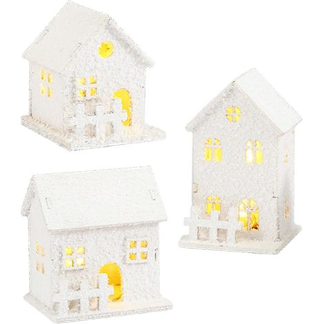 Maison Village De Noël Éclairée - Lanterne En Bois Blanc Avec LED Intégrée - Décoration Intérieure Hivernale Scandivanve - Lot De 3 (1/5)