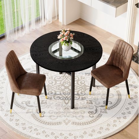 Ensemble table ronde moderne 100 cm avec 2 chaises tapissées marron et pieds métalliques noirs (1/5)